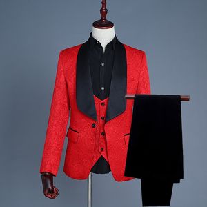 Sağdıçlar Beyaz / Kırmızı / Pembe Desen Damat smokin Şal Siyah Saten Yaka Erkekler Suits Düğün En İyi Man Damat (Ceket + Pantolon + Vest + Tie) L26