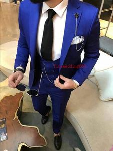 Özelleştirme Ucuz Ve Güzel Notch Yaka Mavi Bir Düğme Damat smokin Erkekler Suits Düğün / Gelinlik / Akşam Sağdıç Blazer (Ceket + Pantolon + Kravat + Yelek)