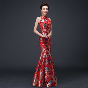 Abito tradizionale cinese Rosso Qipao Abito da sera orientale Donna Backless Cheongsam Robe Chinoise Vestido Chines Lungo Qi Pao QL