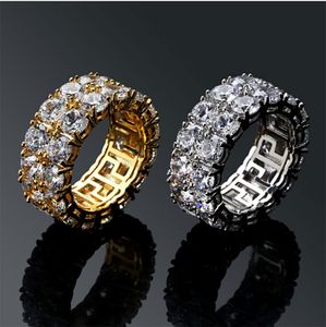 Homens 2 linhas gelados fora 360 eternity bling anéis micro pav para pavimentos cúbicos zirconia ouro banhado simulado diamantes anel de hip hop com caixa de presente