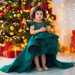 Hunter Payetli Yüksek Düşük Çiçek Kız Elbise Düğün İçin Jewel Boyun Katmanlı Toddler Pageant Törenlerinde Ile Kısa Kollu Saten Çocuklar Balo elbise
