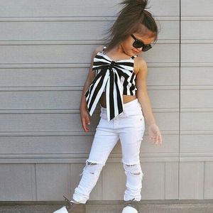 Yürümeye başlayan çocuk çocuk kız giyim setleri çizgili büyük yay tişört mahsulü üst+uzun delikli kot pantolon kızlar kıyafet çocuk kıyafetleri seti