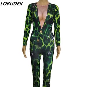 Yenilik Kadın yeşil tulum Yanıp Sönen streç Leotard Elastik Tulum Gece Kulübü Bar şarkıcısı DJ DS kostüm seksi caz gösterisi kıyafet