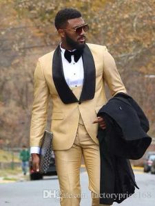 Crazy Golden Shawl Lapel Cool Groom Tuxedos Groomsmen Best Man Suit Mens Wedding Suits Bridegroom (Jacket+Pants+Vest+Tie)