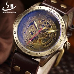 SHENHUA 2018 Vintage Skeleton Watch Men montre homme Automatic Mechanical Wrist Watches Transparent Bronze Watch Clock relogio