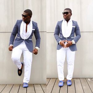 Son Pantolon Ceket Tasarımları Damat Moda Resmi Elbise Düğün Erkekler Için Slim Fit Takım Elbise Mavi Noktalar Balo Smokin Best Man Blazer