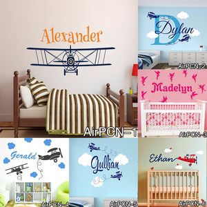 New Airplane Clouds Wall Decals Personalized Baby Name  Nursery Art Wall Stickers for Boy Kids Rooms Murals Home Decoration