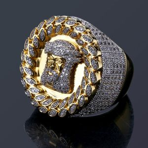 Роскошные люди Gold Tone Hip-хоп Иисуса лица Кольцо Micro Pave Cubic Zirconia Simulated Diamonds Rings Size7-12 Bling Bling Jewelry