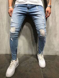 Erkekler Delik Jeans 2018 Sonbahar Bahar Beyaz Çizgili Pileli Sahte Fermuarlar Sıska Orta Bel Tam Boy Denim Kalem Kot Erkek