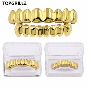 Topgrillz conjunto de grelhas hip hop acabamento dourado oito 8 dentes superiores 8 dentes inferiores simples palhaço joias para festa de halloween