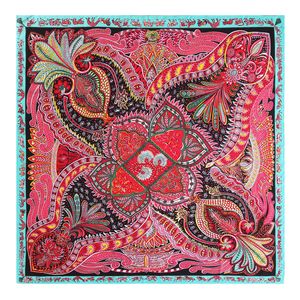 Ethnic Big Size Square Silk Red Paisley Scarf for Women Handmade Foulard Femme Shawls and Wraps Twill Printed Scarf Wholesafe