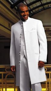 Yüksek Kaliteli Damat Smokin Uzun Beyaz Standı Yaka Groomsmen Best Man Suit Düğün Erkek Takım Elbise (Ceket + Pantolon + Yelek + Kravat) J220