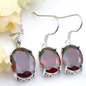 Luckyshien Şık Oval Yeni Kırmızı Garnet Taşlar 925 Gümüş Kristal Zirkon Kolye kolye Küpe Düğün Takı Setleri Ücretsiz Taşımaları