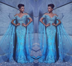 Bling Arabic Blue Dubai Mermaid Prom Crimeded Crystalls с плеча с блестками Sweep Trast Formal Press Formages Вечерние одежда