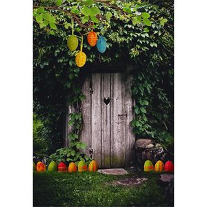 Gizemli Orman Vintage Ahşap Kapı Paskalya Yumurtaları fotoğraf arka planında Vinil Baskılı Ağaç Bahar Doğa Doğal Çocuklar Fotoğraf Arka Plan Bırakır