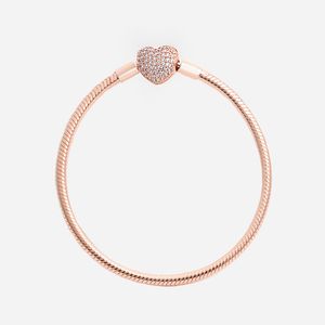 Роскошная мода 18-каратного розового золота CZ бриллиантовые браслеты-сердечки Оригинальная коробка для Pandora 925 Silver Smooth Snake Chain Bracelet
