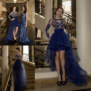 Mavi Yüksek Seksi Düşük Prom Elbiseler Uzun Kollu Dantel Aplike Ucuz Bir Çizgi Partisi Akşam Önlükleri İllüzyon Tül Resmi Giyim