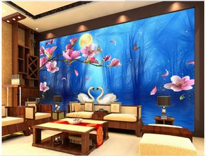 Papel de parede 3D Özel Fotoğraf duvar Kağıdı Swan Göl Orkide Rüya Mavi duvar kağıtları için oturma odası Arka Plan Duvar kağıtları ev dekor