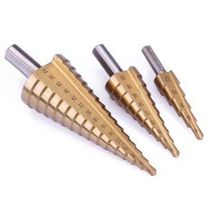 Freeshipping 3Pcs/lot Metric Spiral Flute Step HSS Steel 4241 Cone Titanium Coated Drill Bits Tool Hole Cutter 4-12/20/32mm Metal Drilling