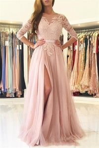 2022 Blush Pink Bridesmaid Dresses Lace Appliques Tulle Side Split Sashes Jewel Neck Open Back Long Wedding Guest Dress Maid of Honor Gowns