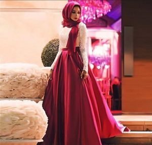 2017 Fashion White Red Muslim Prom Dresses Long Sleeves Hijab Evening Gowns Lace Satin Floor Length Plus Size Saudi Arabic Party Dresses