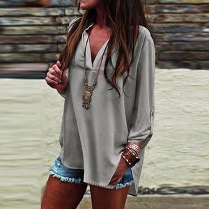 Moda-yaz kadın giyim şifon gevşek t-shirt vahşi rahat büyük boy gömlek çift uzun kollu v yaka düzensiz ayakta yaka katı