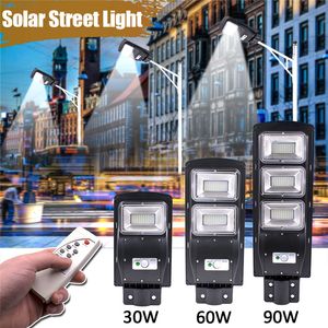 Uzaktan LED Güneş Sokak Işık 30 W 60 W 90 W Güneş Işıkları Su Geçirmez PIR Hareket Sensörü Plaza Bahçe Yard Için Güneş Led Dış Aydınlatma