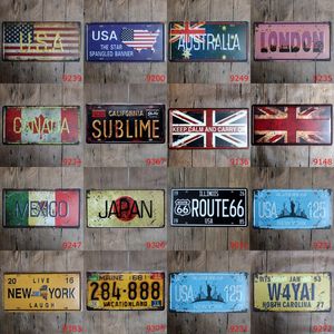 Pintura metálica Tin EUA Reino Unido Canadá País Cidade Pintura License Plate Vintage Wall Art Retro metal Pintura Bar Pub Home Decor