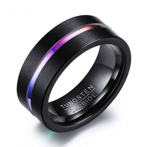 Jewelry 8MM Fashion Men's Women's 316L Stainless Steel Black Neon Tungsten Carbide Ring Unisex Rainbow Line Color Rings Wedding Ba Size 5-12