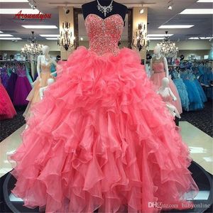 Quinceanera balo elbiseleri boncuklu kristaller fırfırlar uzun resmi akşam yarışmaları tatlı 16 elbiseler vestidos de quinceaer