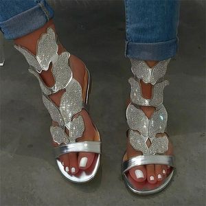 Женщины сандалии Кристалл Open Toe Rhinestone низких ботинок пятки повелительниц способа вскользь Пряжка высокого Top Flat Трусы сандалии партии Свадебная обувь