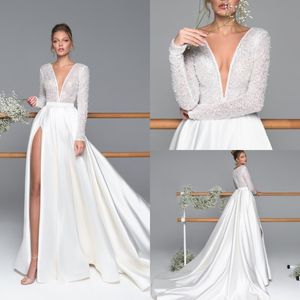 eva lendel side split wedding dresses v neck long sleeve beads lace wedding gowns sweep train plus size bridal dress