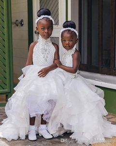 Yeni Varış Çiçek Yakası Aplikes Kristal Rhinestone Pageant Elbiseleri Yüksek Düşük Kızlar Çocuk Balo Elbise Partisi Gowns 2024
