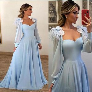 Sevgiliye Uzun Kollu A-Line Gökyüzü Mavi Balo Elbise Çiçekler Ile Aplikler Bayanlar Akşam Parti Abiye Custom Made