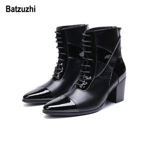 Batzuzhi Sınırlı Sayıda 7 cm Yüksek Topuk Erkekler Çizmeler Kısa Sivri Burun Siyah Deri Elbise Çizmeler Erkekler Yakışıklı Dantel-up botas hombre