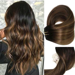 Straight Clip Extensions Brazilian Hair 120 Gram Per Package Ombre Balayage Color #1B Fading to #6 Medium Brown 100% Real Remy Hair