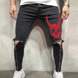 Homens Skull Roupas 2019 Hip Hop Sweard Skinny Motorcycle Denim Calças Zipper Hole Jeans Mens Plus Size Jeans Calças