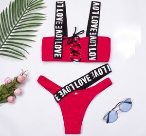 Letra de roupa de banho feminina impresso brasileiro biquíni mulheres femininas swimsuit duas peças definir lace up banhos banho terno nadar