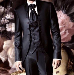 Mükemmel Siyah Damat smokin Mandarin Yaka Sağdıç Düğün Smokin Moda Erkekler Balo Ceket Blazer 3 Adet Suit (Ceket + Pantolon + Kravat + Yelek) 7Si