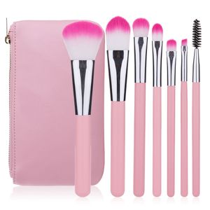 7pcs rosa Makeup Brushes Set com um profissional fazer couro Bag-se Escova para Eyeshadow pestana base em pó Blush Cosméticos Ferramentas