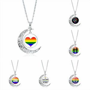 Yeni Gökkuşağı LGBT Eşcinsel Gurur Ay Kolyesi Kadınlar İçin Erkekler Seviyor Cam Cabochon Kolye Zincirleri Moda Mücevher Hediye Taş Estetik Kütte Hediyesi