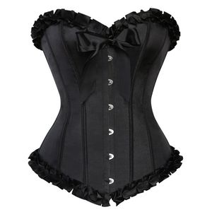 Черный жабо рюшами Обрезка женщин корсета Burlesque Corset Overbust моды с сатин луки Sexy Lace Up Пластиковые обваленной Body Shaper