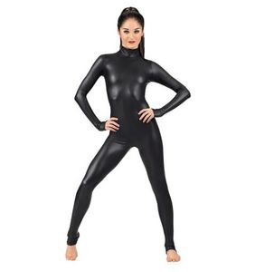 Yetişkin Siyah Uzun Kollu Parlak Metalik Unitard Kadın Likra Spandex Artı Boyutu Tam Bodysuit Dans Bale Jimnastik Catsuit
