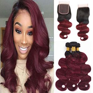 Ombre Brazilian Body Wave Human Hair Bundles with Closure 4x4 Free Part 1B/99J Two Tone Virgin Human Hair Extension