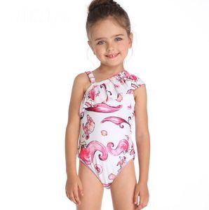 Girls' Mermaid Printed One-Piece Swimsuit, Slanted Shoulder, Summer Swimming Costume