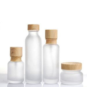 Бутылки для крема в банке из матового стекла Круглые косметические банки Бутылка с насосом для лосьона для лица с деревянной крышкой