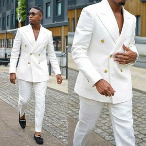 Красивые мужские строгие белые льняные костюмы, одежда для жениха, двубортные вечерние свадебные смокинги с остроконечными лацканами (куртка + брюки)