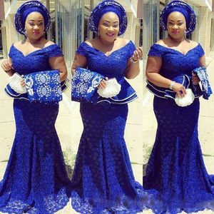 Royal Blue Lace Plus Size Evening Dresses v neck Off The Shoulder South Africa Formal Dress Long Mermaid Prom Gowns Aso Ebi Custom Made