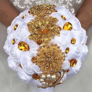 Altın Rhinestones Fildişi Pembe Kırmızı Satin Düğün Gelin Buketleri Ücretsiz Nakliye Yapay Çiçekler El Buket Düğün Süslemeleri