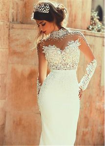 2020 Exquisite Sheer Back Sheath High-neck With Pearls Long Sleeves See Through Floor Length Wedding Dresses Sexy Backless Bridal Gowns